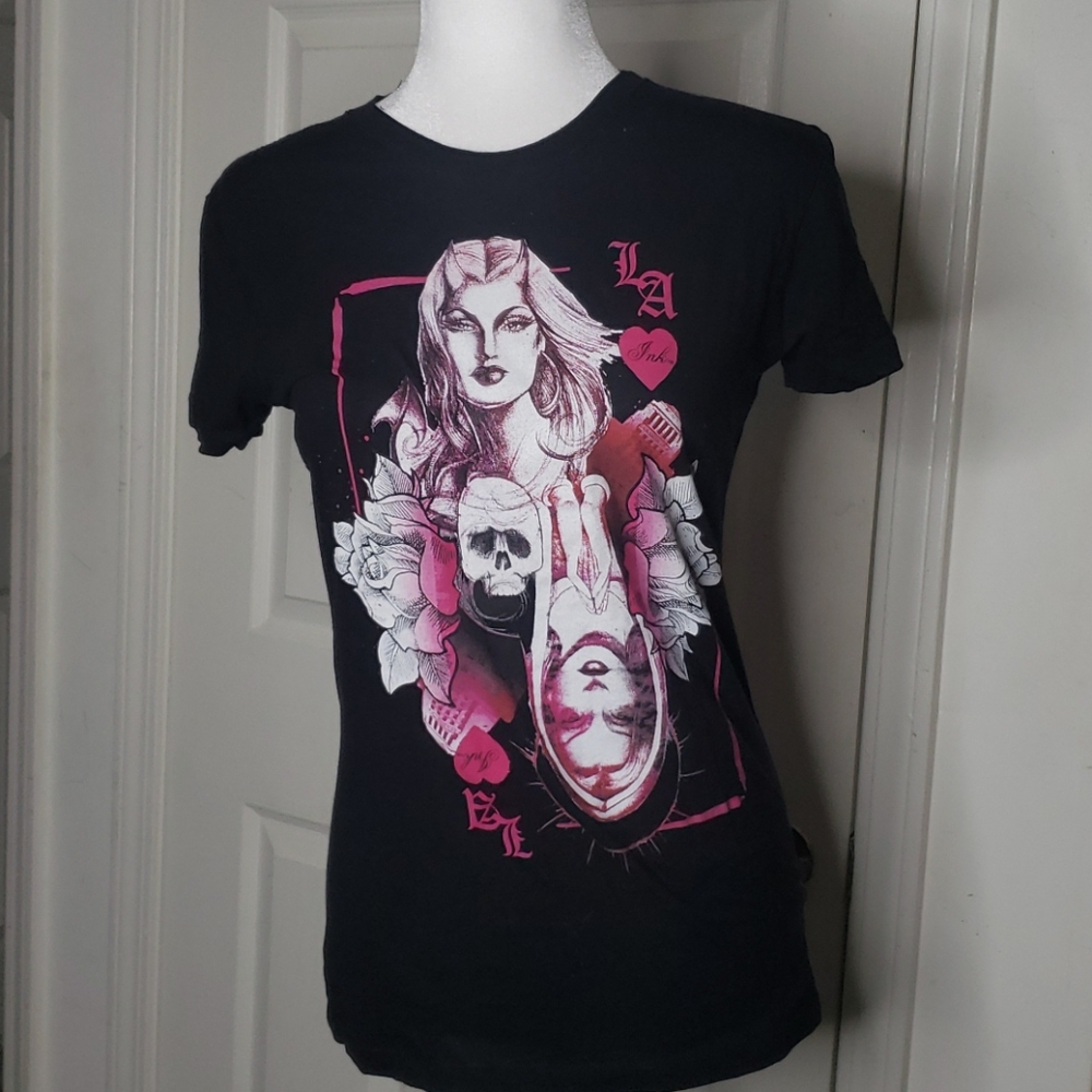 LA Ink Black Pink Woman Skull T-Shirt Large